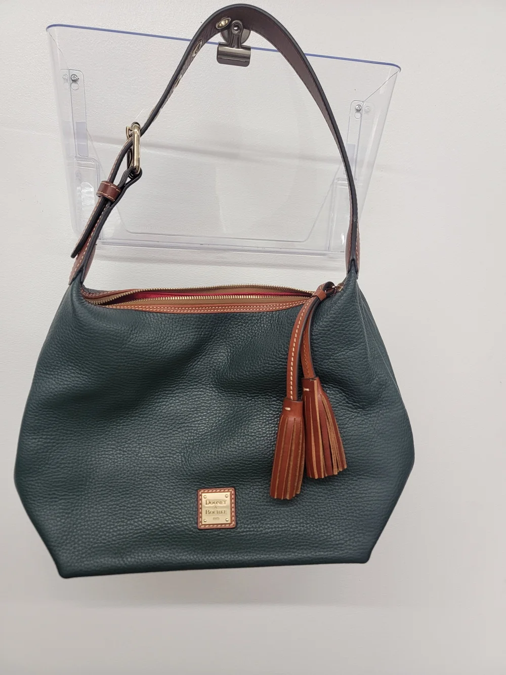 Dooney & Bourke Forest Green Pebbled Leather Hobo with Brown Trim